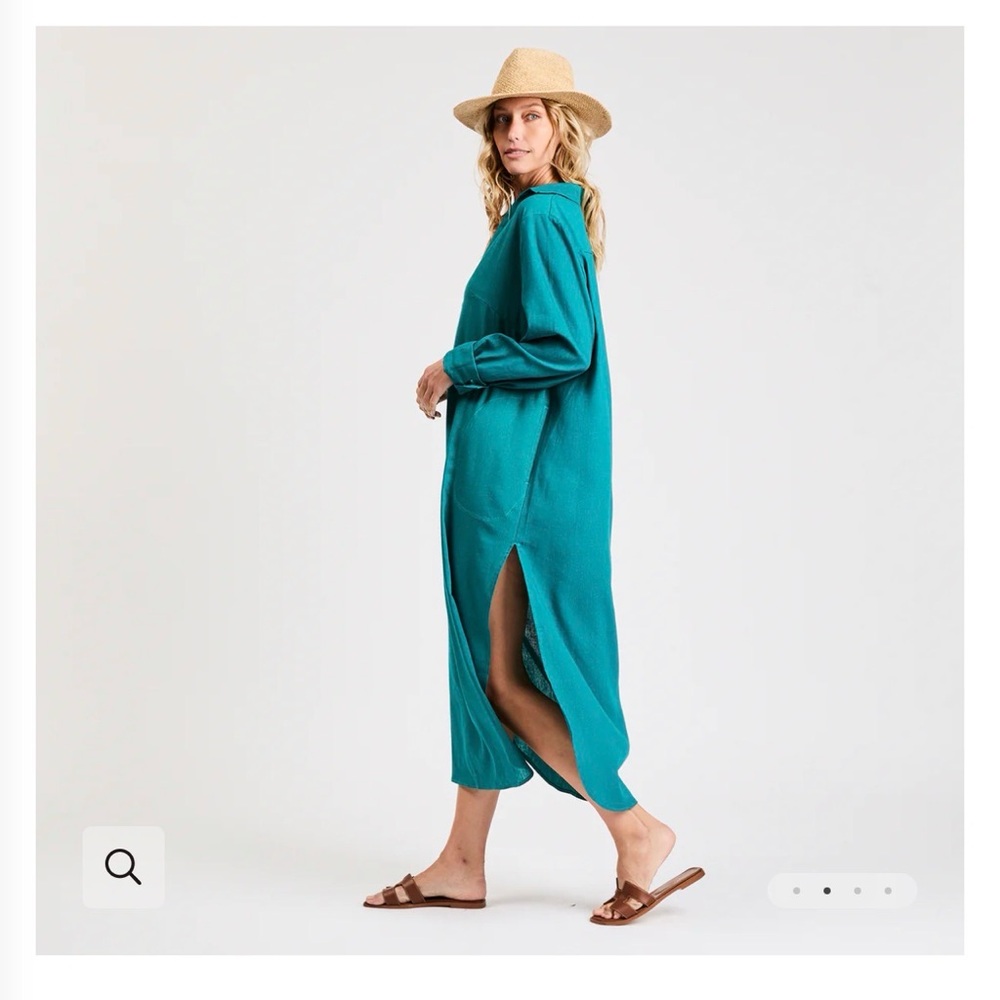 Linen Teal Maxi Shirt Dress